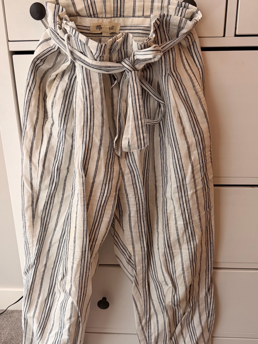 Madewell Cream and Black Striped Paperbag Waist Capris